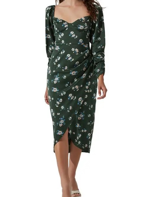 Astr Floral Print Long Sleeve Dress Forest Green Nwt Sz Small